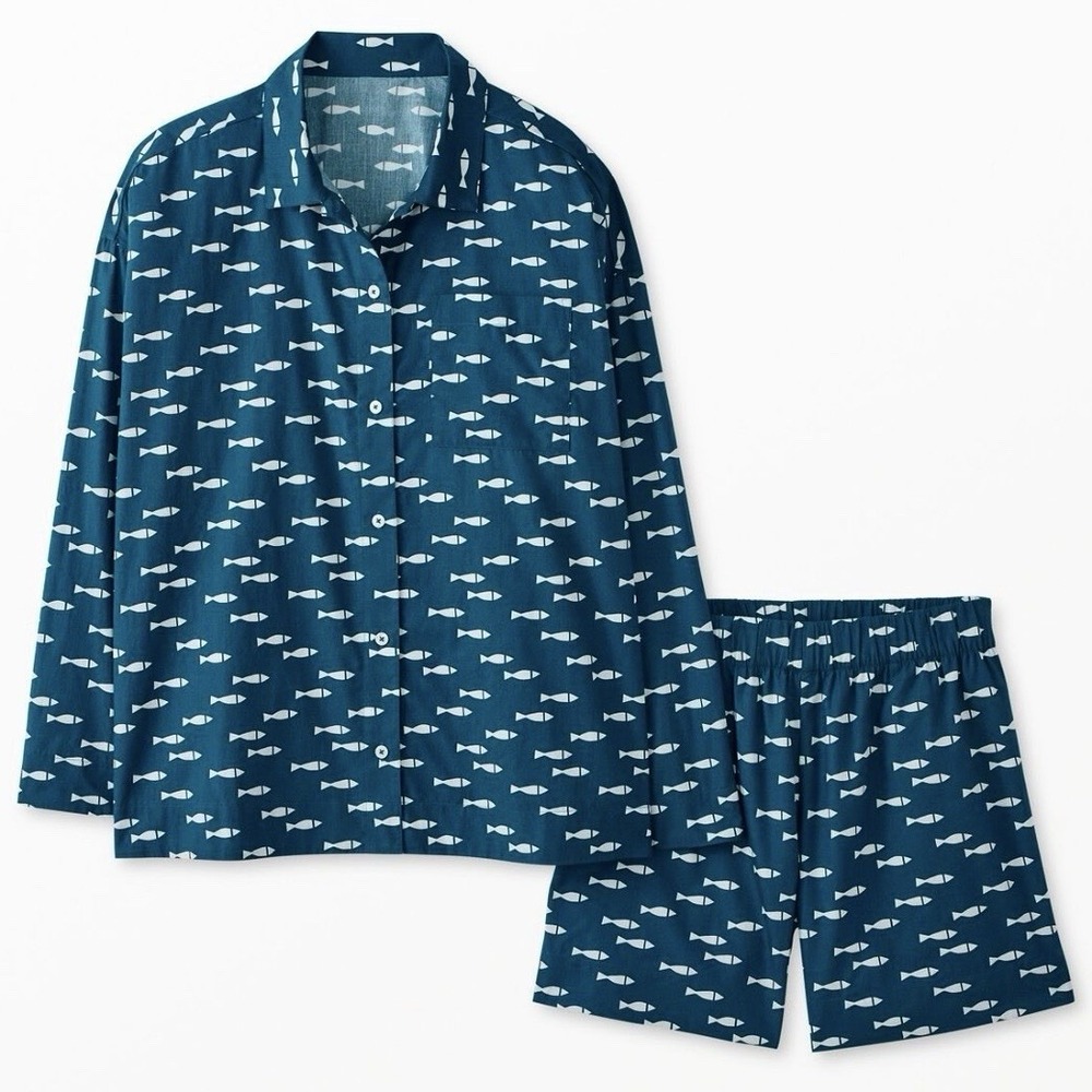 Hanna Andersson Women's Small Teal White Multicolor Fish Cotton Pajama Set NWOT